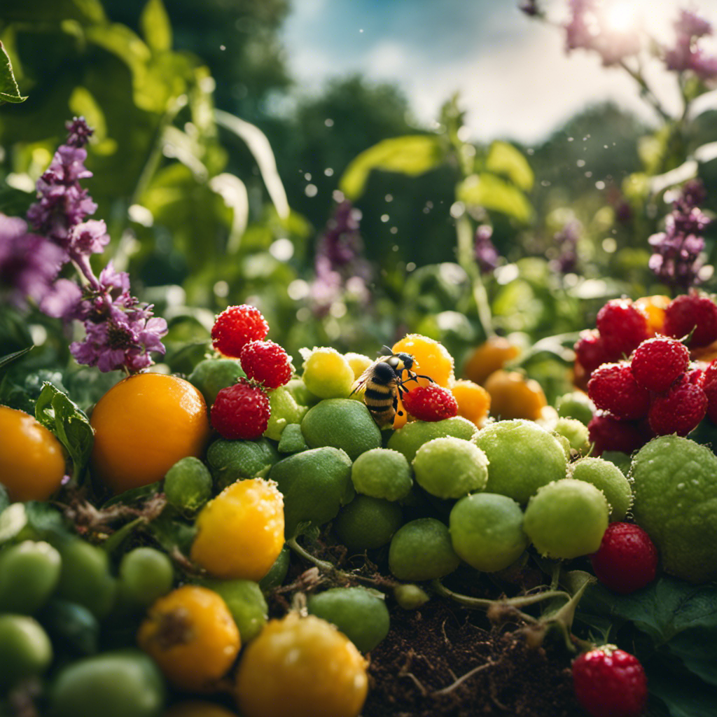 An image showcasing a lush garden scene with vibrant fruits and vegetables, surrounded by a cloud of organic spray mist