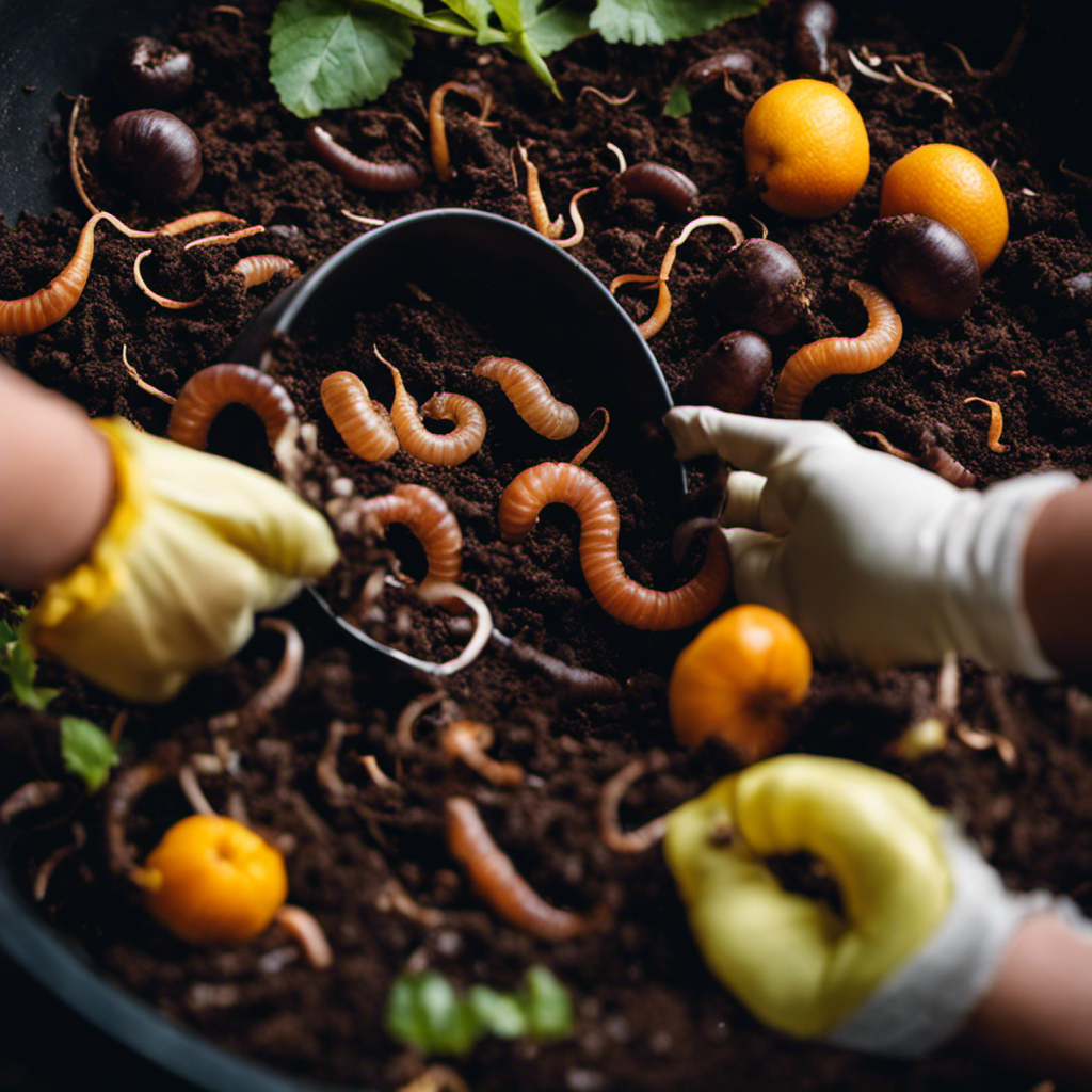 An image showcasing a pair of gloved hands gently sifting through rich, dark compost, revealing vibrant earthworms and the occasional fragment of fruit peel