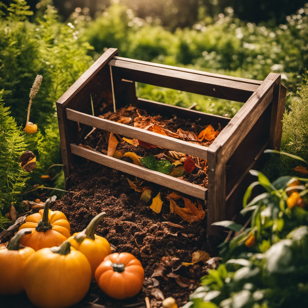 An image showcasing a vibrant, rustic wooden compost bin filled with a perfect harmony of kitchen scraps, grass clippings, leaves, and twigs, forming layers of rich, nutrient-dense soil