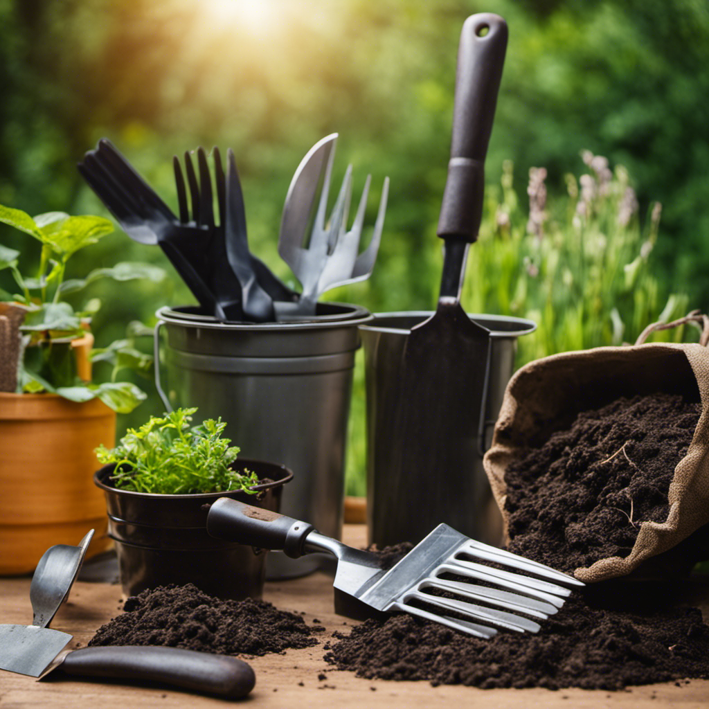 An image showcasing a pair of sturdy gardening gloves, a pitchfork, a compost bin, and a trowel neatly arranged on a wooden table, highlighting the essential tools for organic composting