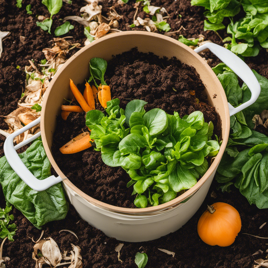 An image showcasing the transformation of kitchen scraps and yard waste into nutrient-rich compost, with a vibrant garden flourishing in the background