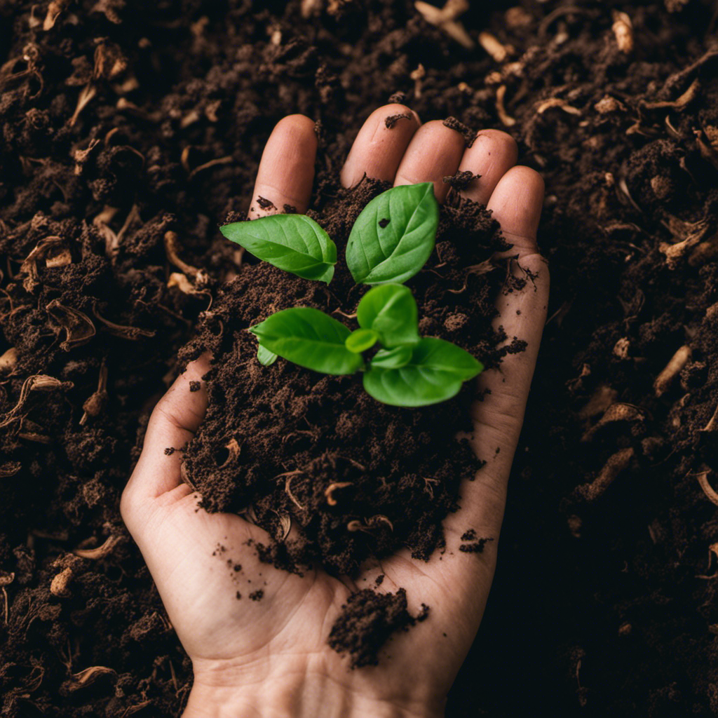 An image of a person holding a wilting plant, surrounded by a pile of unfinished compost