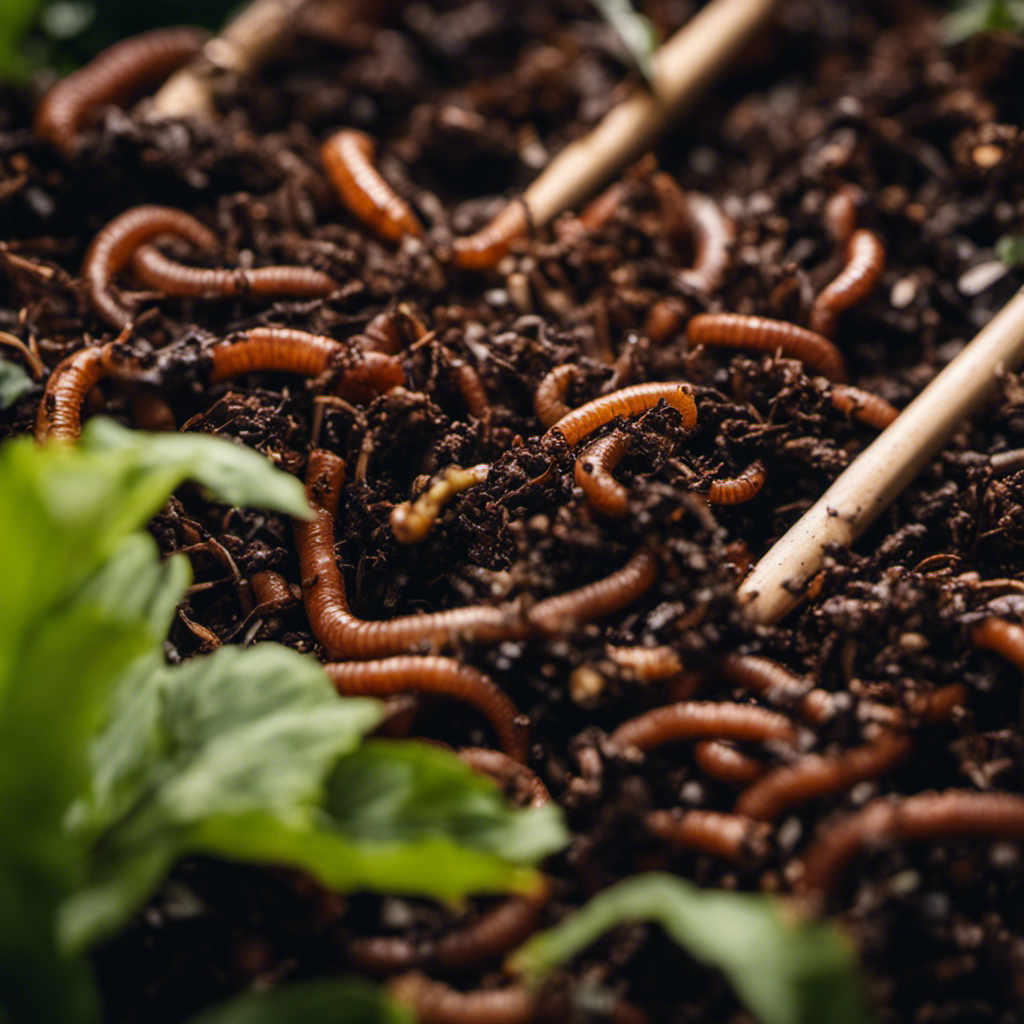 An image of a lush garden bed, teeming with earthworms, as a hand gently adds a mixture of food scraps, leaves, and straw