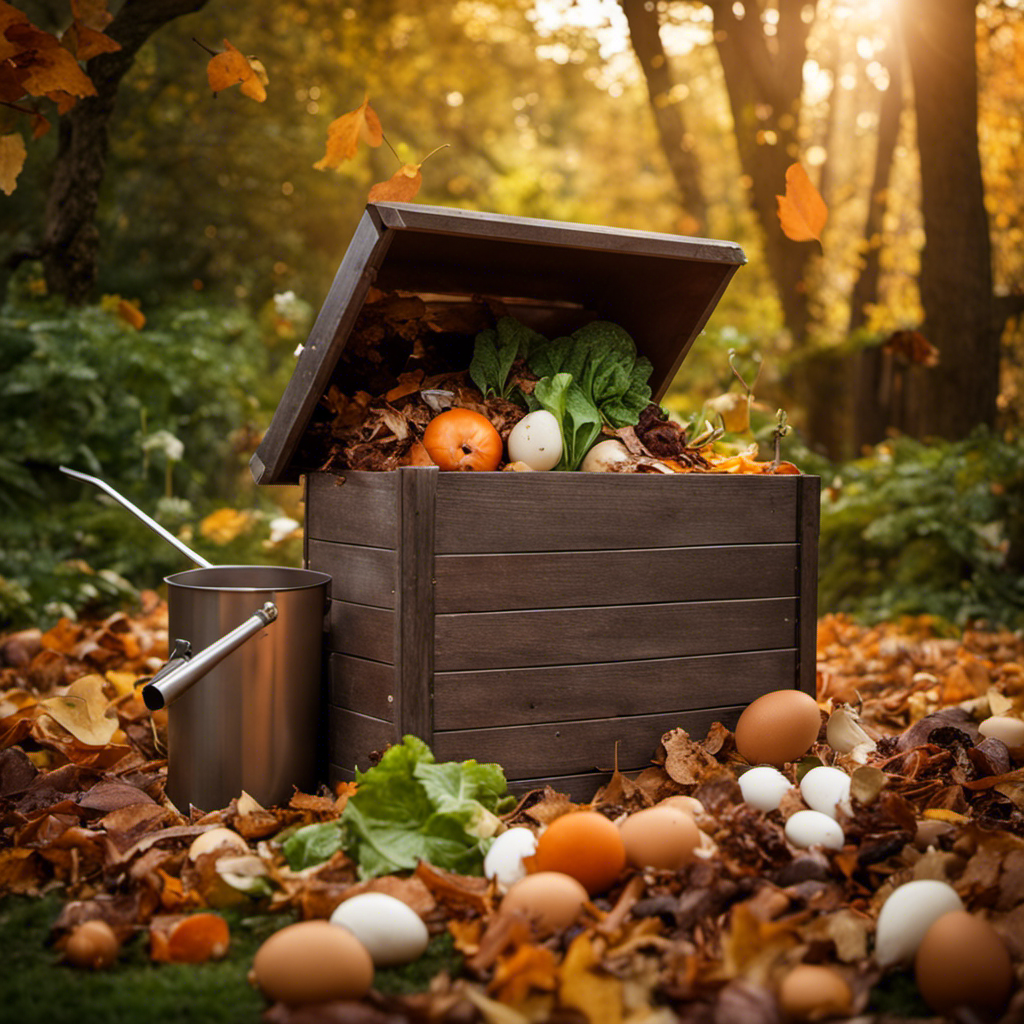 An image showcasing a wooden compost bin filled with a rich mixture of vegetable scraps, fallen leaves, and eggshells