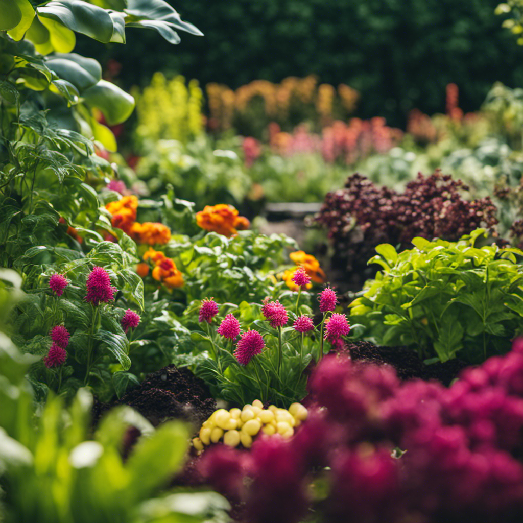 An image showcasing a lush, thriving garden bursting with vibrant, nutrient-rich plants that have been nourished by organic compost