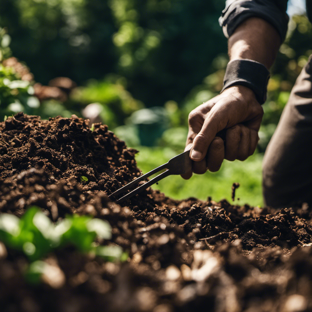 An image of a gardener inspecting a compost pile, with a concerned expression, as they uncover a pile of slimy, foul-smelling compost