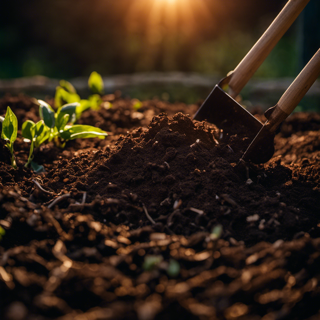 An image capturing the process of turning your compost with a pitchfork under the warm glow of the morning sun, showcasing the rich, dark compost being mixed and aerated, promoting decomposition and nutrient distribution