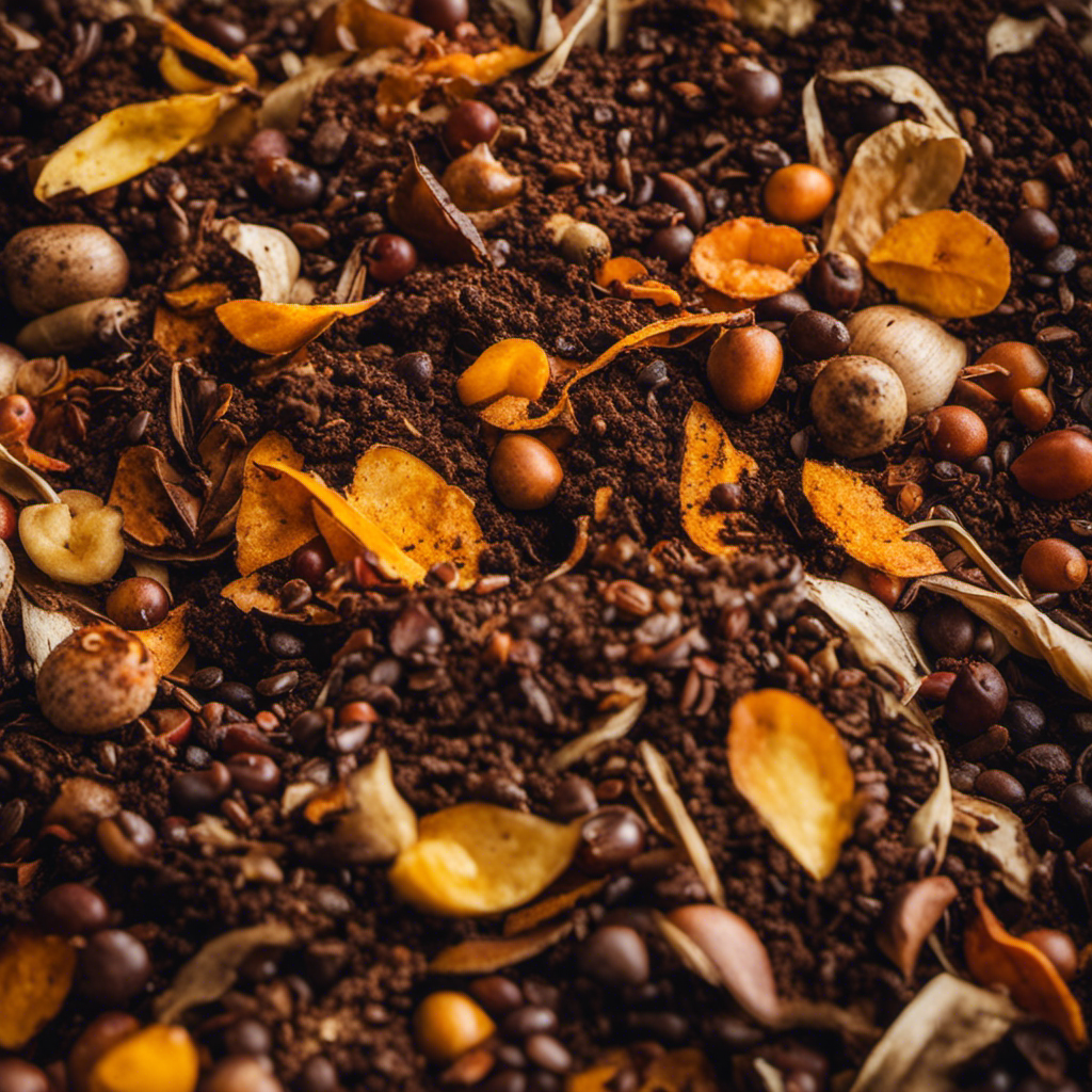 An image showcasing a vibrant pile of organic matter, like fruit peels, vegetable scraps, and coffee grounds, intermingled with dry leaves, grass clippings, and wood chips, forming the foundation for a thriving compost heap