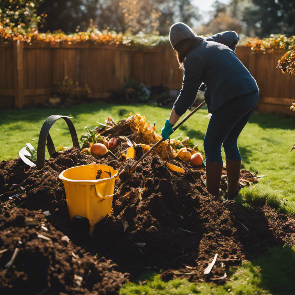 An image depicting a sunny backyard scene with a person wearing gloves and using a pitchfork to turn a compost pile