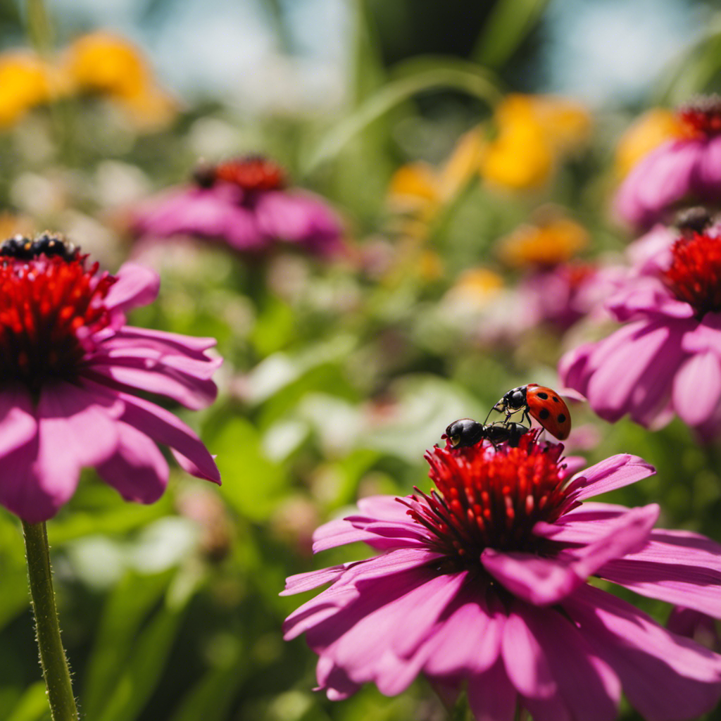 An image showcasing a lush garden teeming with vibrant flowers and vegetables, where ladybugs delicately perch on leaves, bees hum between blossoms, and praying mantises gracefully stand guard – a harmonious ecosystem thriving with natural pest control