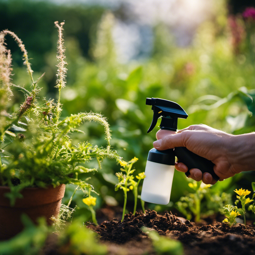 An image featuring a pair of hands, gently spraying a natural homemade pest spray onto vibrant, pest-free plants