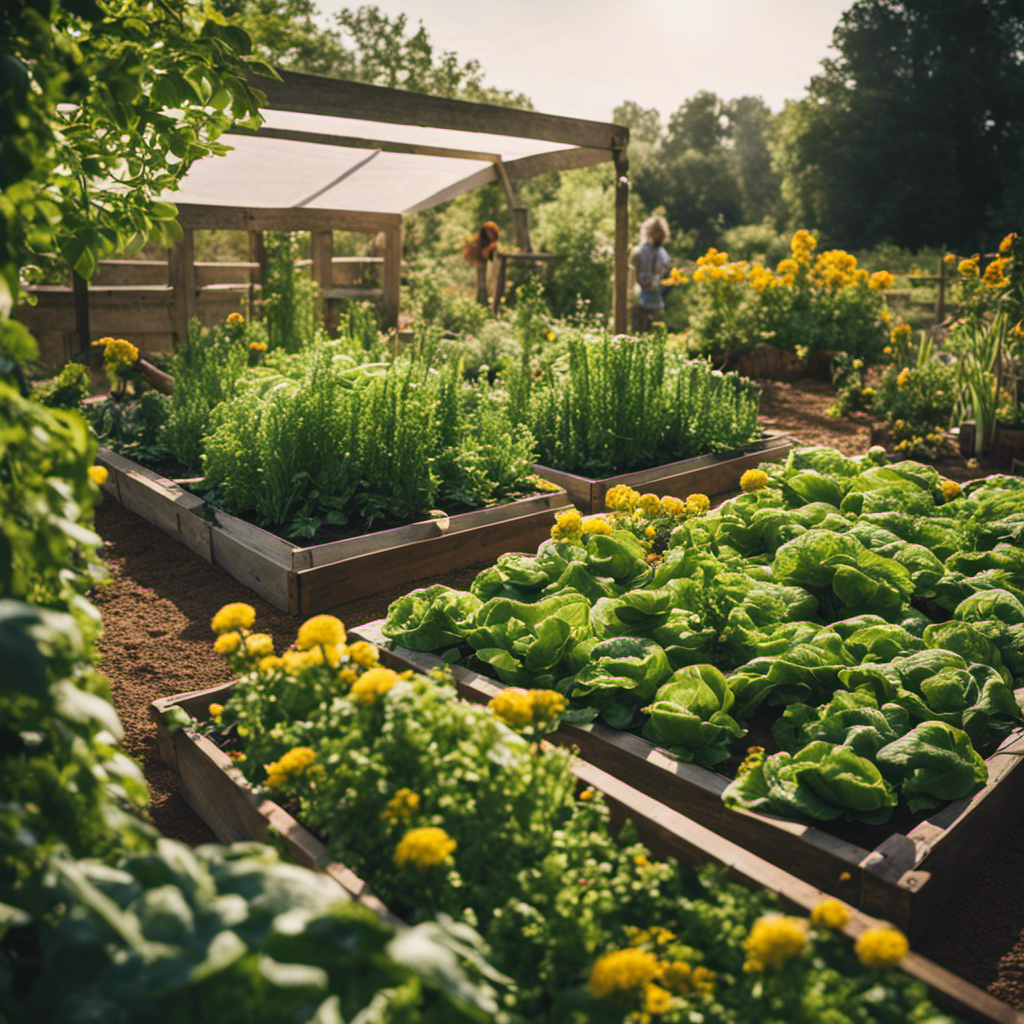 An image showcasing a lush garden with companion plants, raised beds, and a variety of physical barriers like netting, mulch, and row covers