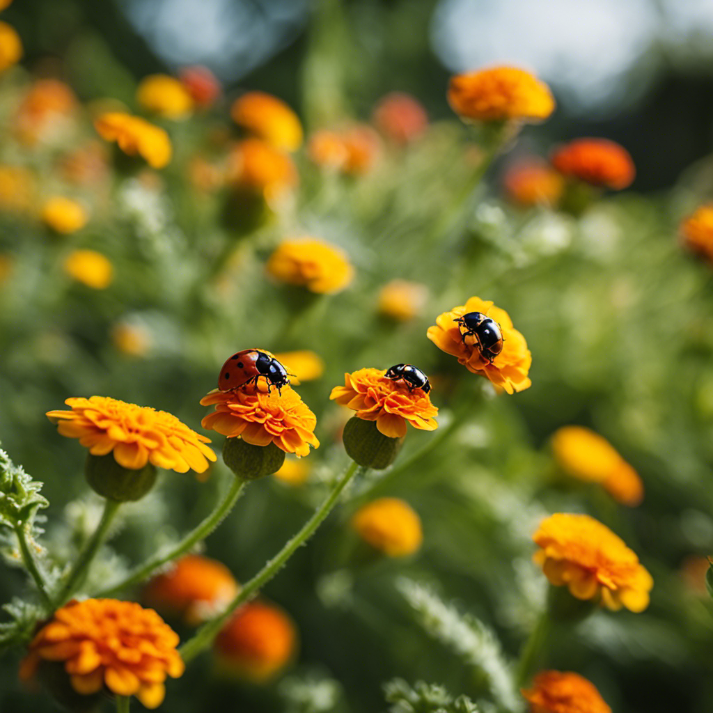 An image that showcases a lush, vibrant garden filled with various organic pest control methods: ladybugs feasting on aphids, marigolds repelling pests, and netting protecting crops, illustrating the effectiveness of pesticide-free gardening