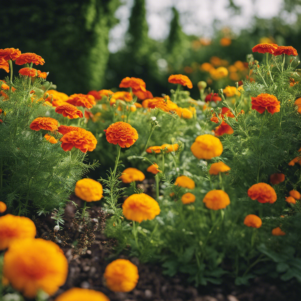 An image showcasing a vibrant, diverse garden bed with a variety of compatible plants intermingling harmoniously