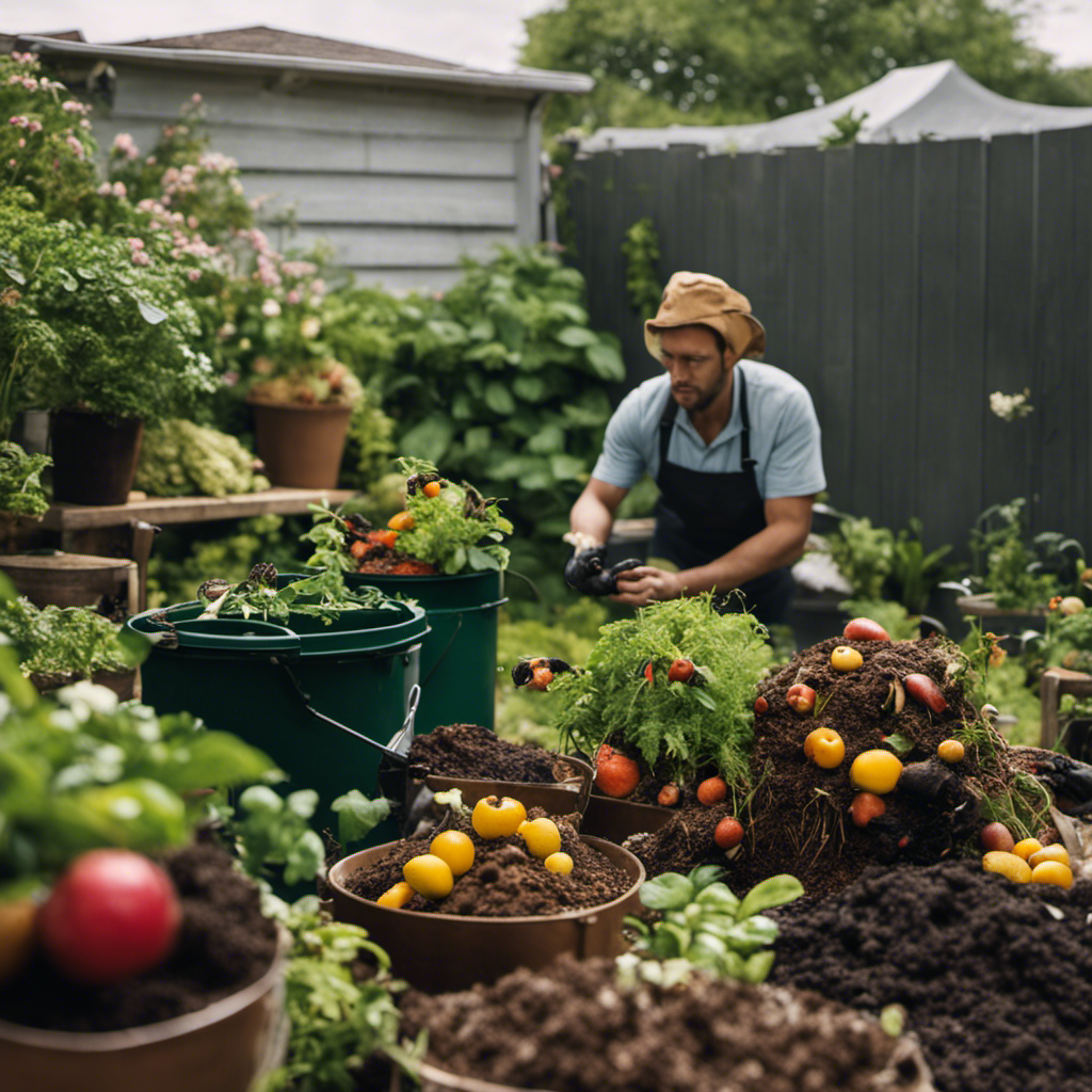 An image showcasing a gardener surrounded by wilting plants, a pile of fruit flies swarming around a compost bin with a foul odor, while another gardener successfully composts with lush plants and an odorless, well-maintained compost bin