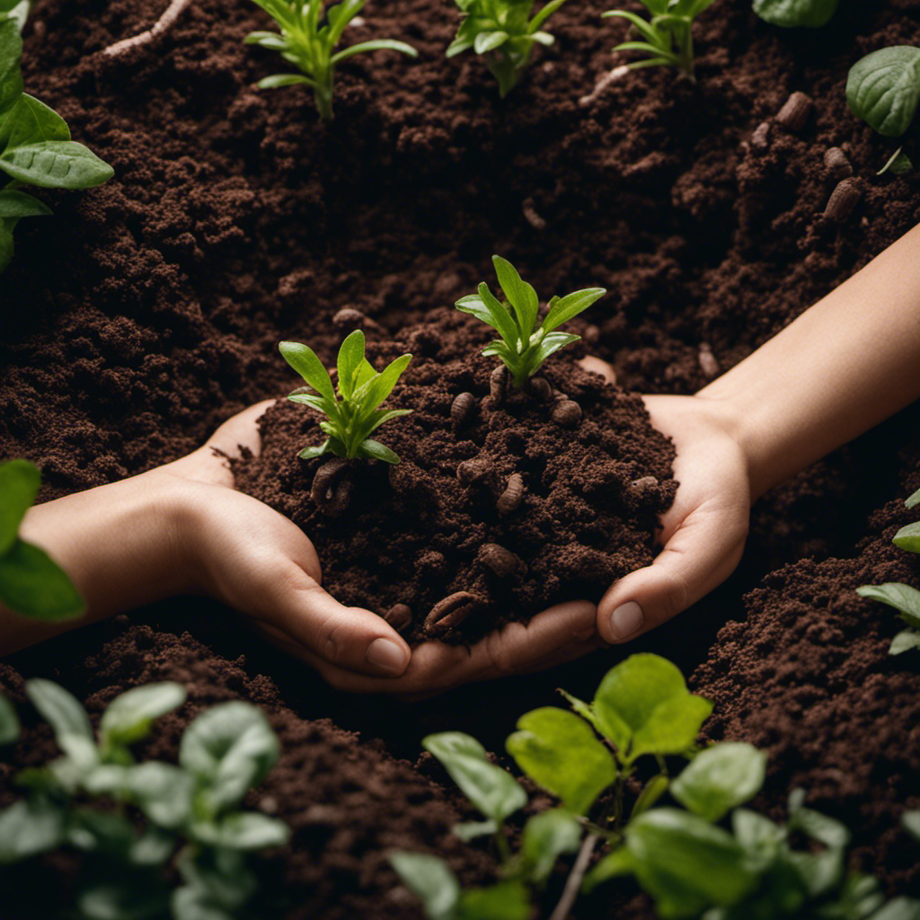 An image showcasing a pair of hands gently cradling nutrient-rich soil, teeming with earthworms and thriving with vibrant plants