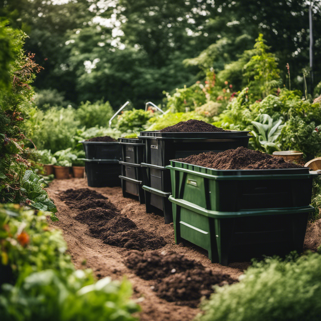 An image showcasing a variety of composting methods, such as traditional pit composting, worm composting, and composting bins, with lush greenery in the background to emphasize organic gardening