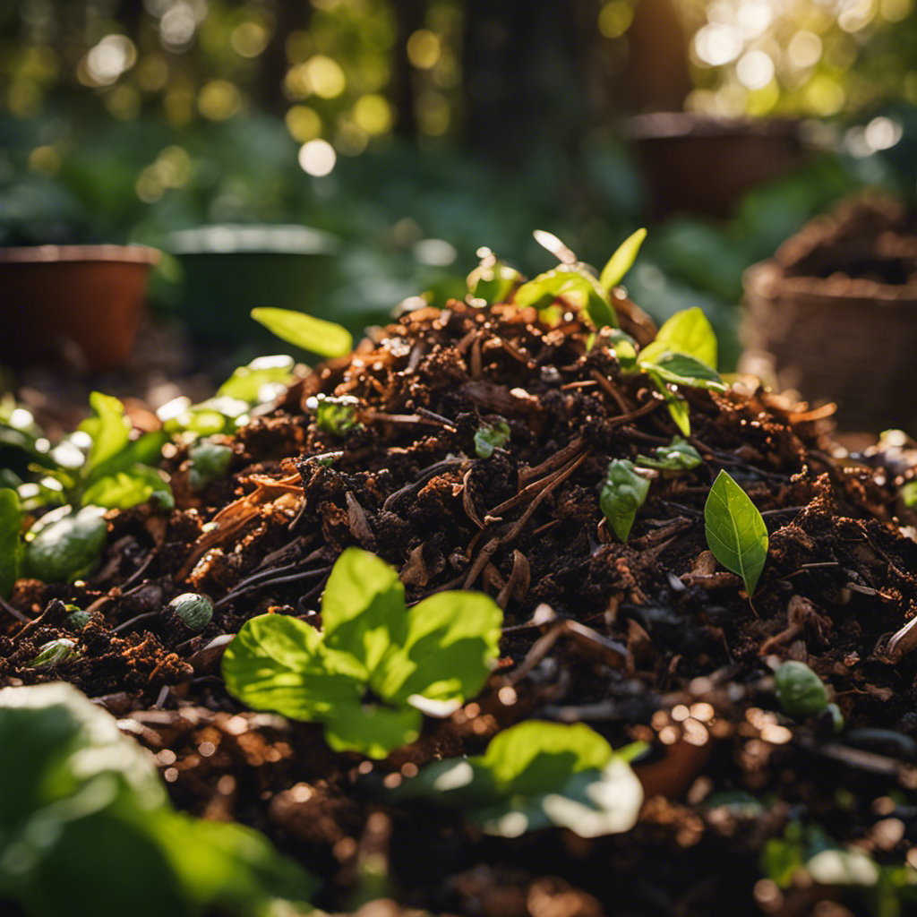 An image capturing the essence of home composting with a close-up of a thriving compost pile, rich with organic kitchen waste, green leaves, and brown twigs, all blending harmoniously to form a nutrient-rich haven for your garden