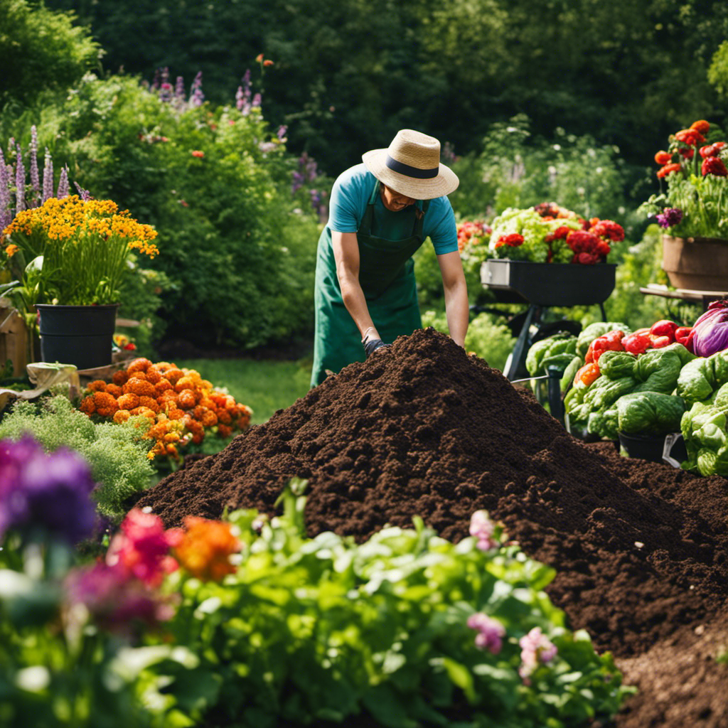 An image capturing a lush green garden with a neatly stacked compost pile in the background