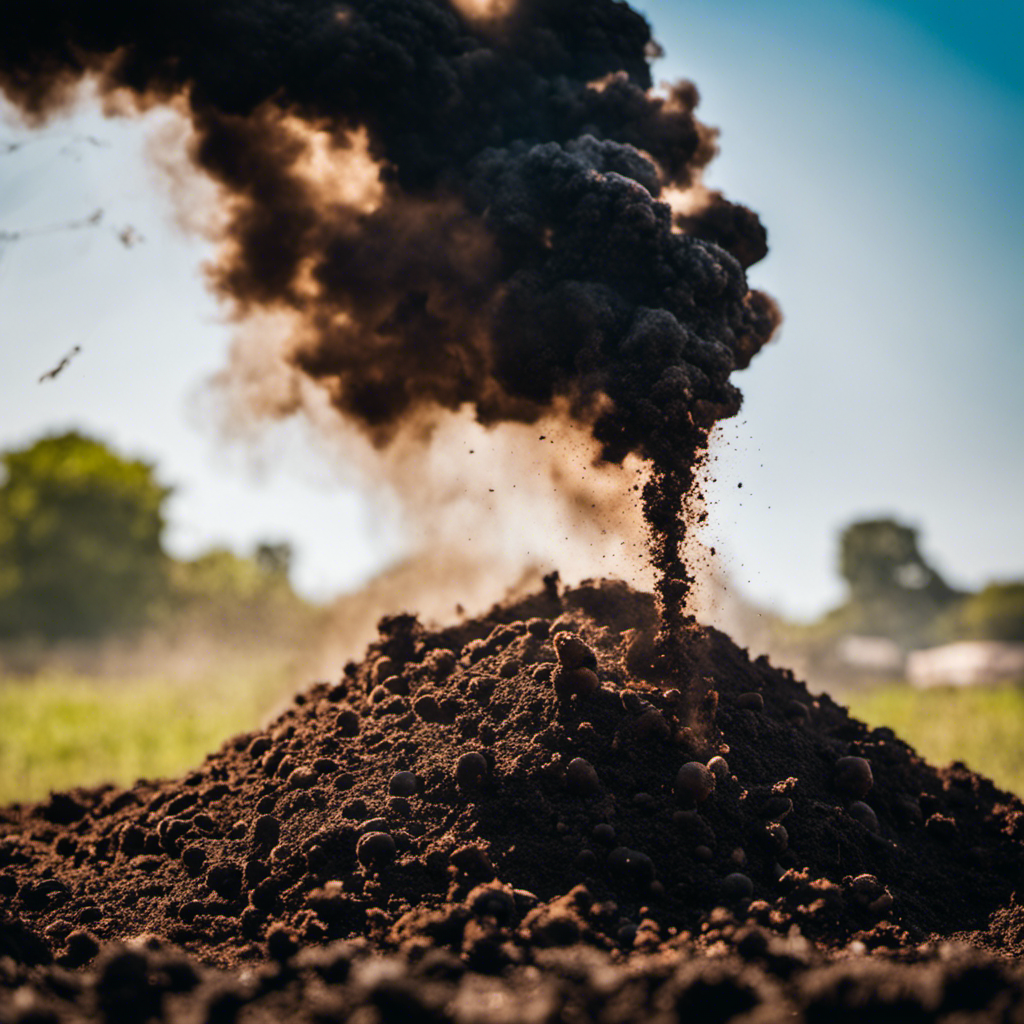 An image capturing the intensity of hot composting: a towering mound of decomposing organic matter steaming under the scorching sun, with wisps of steam rising and vibrant earthworms wriggling through the rich, dark, and aromatic soil