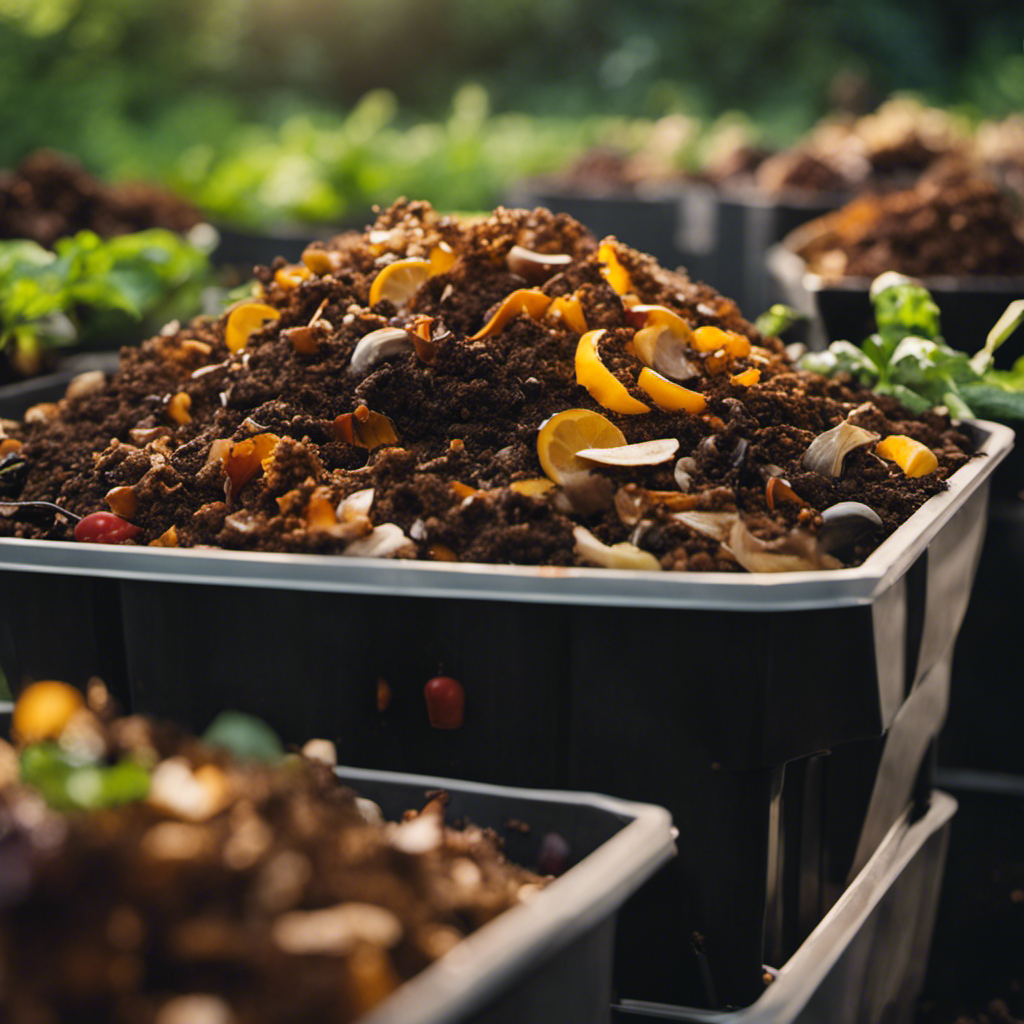 An image featuring a close-up of a Bokashi composting system in action, showcasing airtight containers filled with food scraps and beneficial microorganisms, emitting a faint earthy aroma while breaking down organic waste