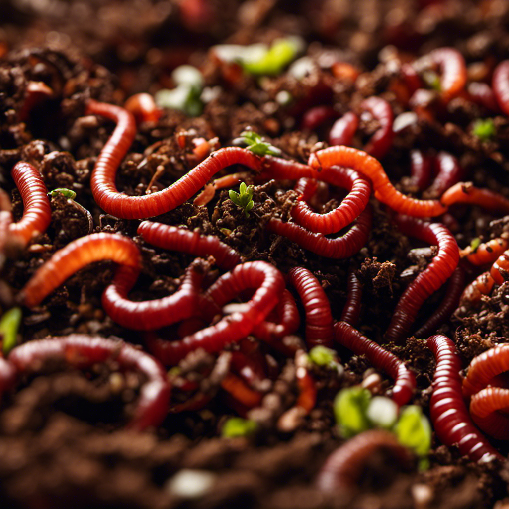 An image showcasing the intricate world of vermicomposting: a lush bed of red wriggler worms diligently devouring kitchen scraps, surrounded by a vibrant ecosystem of decomposing organic matter and nutrient-rich soil