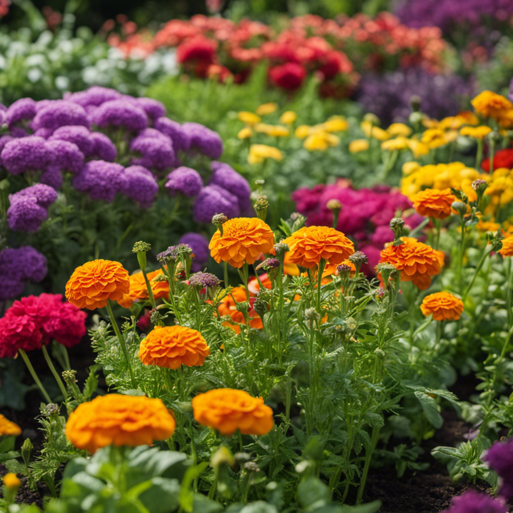 An image showcasing a vibrant garden bed filled with a variety of colorful flowers, herbs, and vegetables, strategically arranged to deter pests naturally