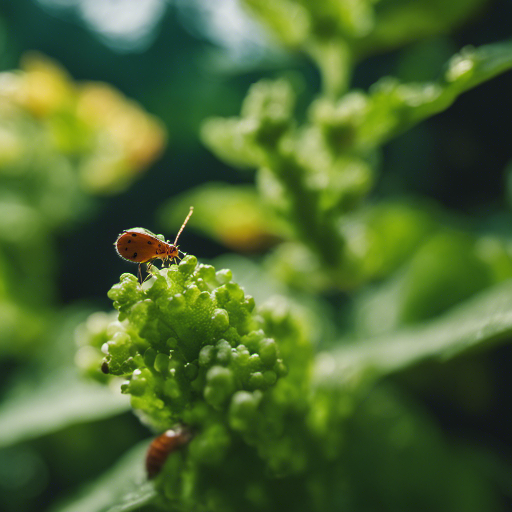 An image showcasing a lush, vibrant garden with meticulously labeled pests: aphids sucking sap from leaves, slugs munching on tender stems, and caterpillars devouring lush greenery