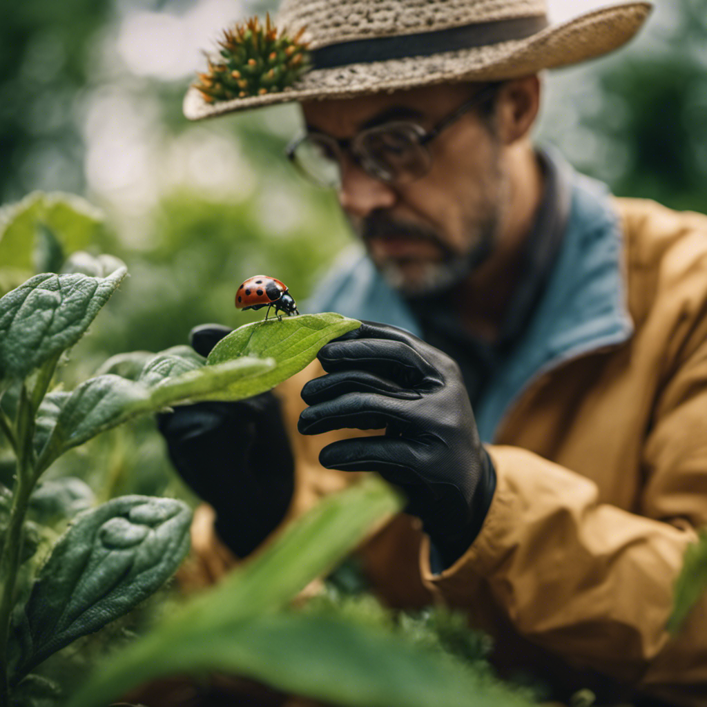 An image showcasing a gardener wearing gloves, meticulously inspecting plants for pests, while a ladybug perches on a leaf nearby