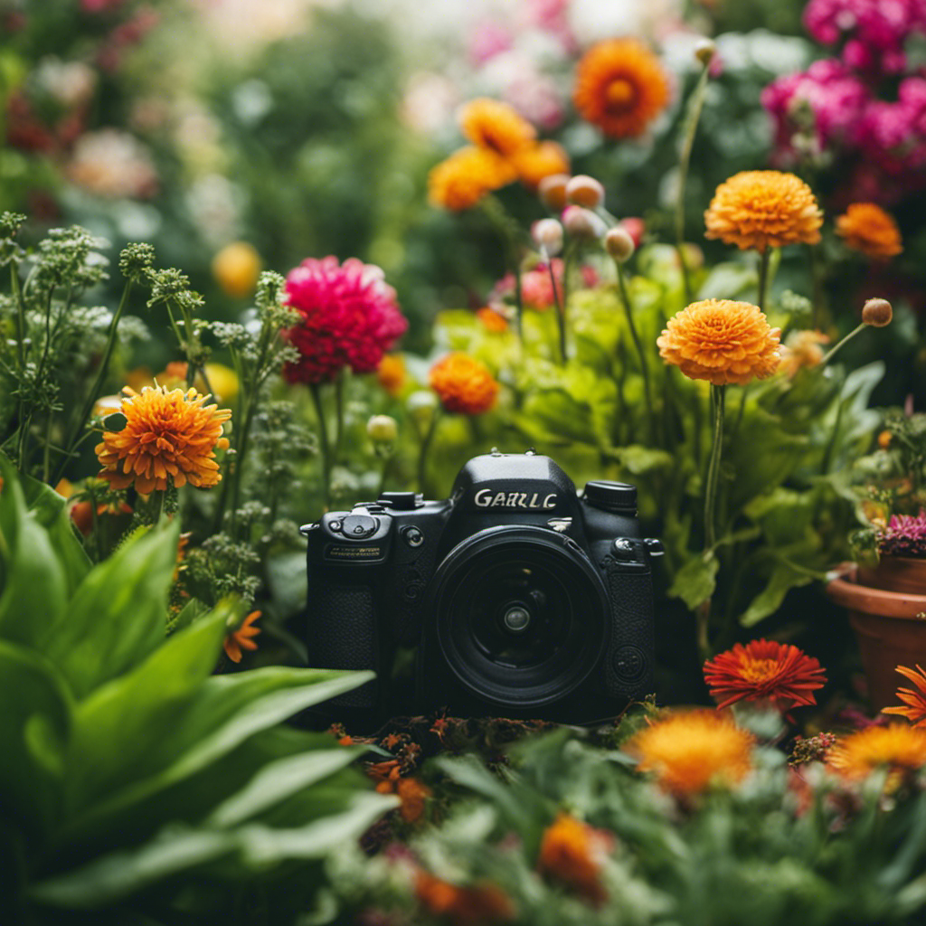 An image showcasing a lush garden, abundant with vibrant flowers and vegetables, surrounded by homemade organic pest sprays and traps