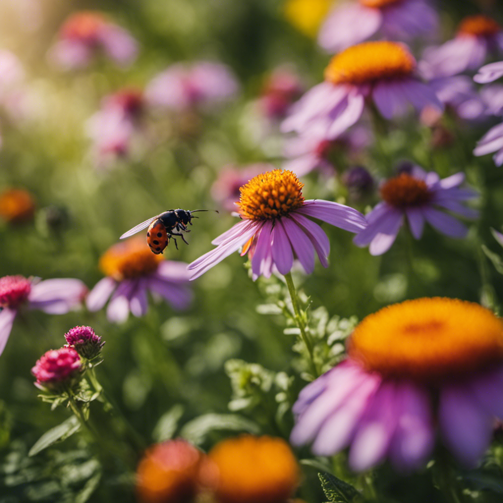 An image showcasing a thriving herb garden teeming with colorful flowers and lush foliage