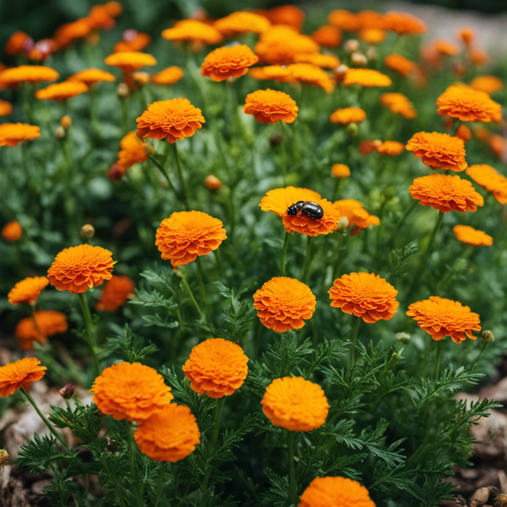 An image showcasing a vibrant herb garden surrounded by marigold flowers and garlic plants, repelling pests naturally