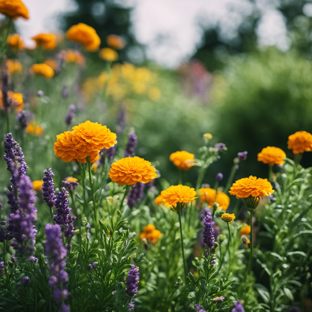 An image showcasing a thriving herb garden with a diverse array of plants, strategically arranged