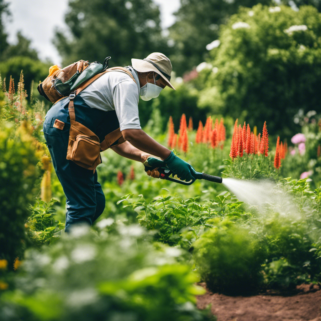 An image showing a gardener in action, delicately spraying a homemade pest control spray on a lush herb garden