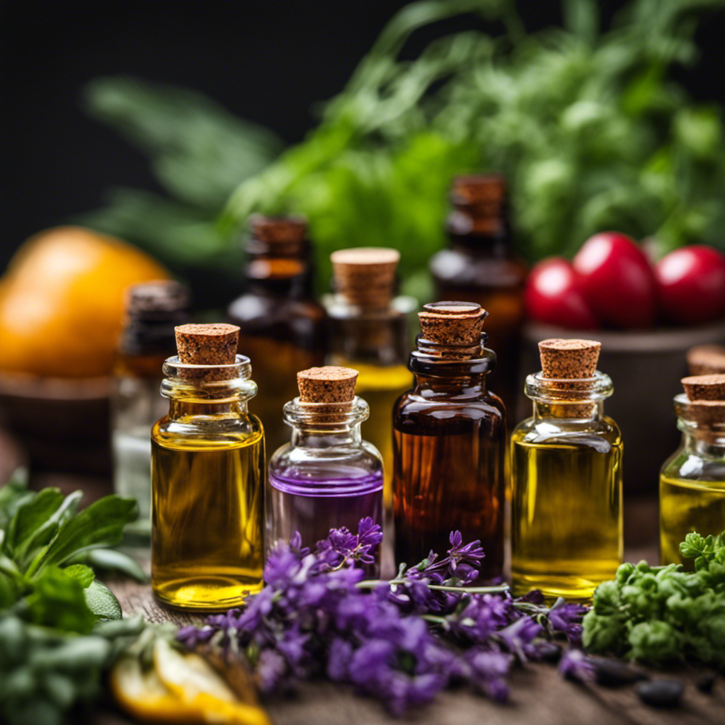 An image showcasing a variety of essential oils, neatly arranged in small glass bottles, surrounded by fresh herbs and vegetables