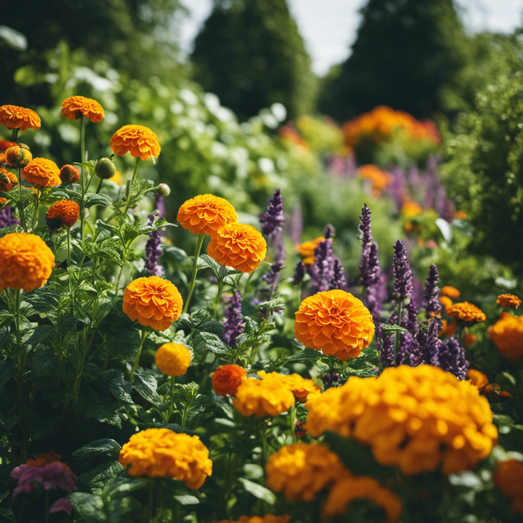 An image showcasing a lush edible garden teeming with vibrant vegetables, fruits, and fragrant flowers