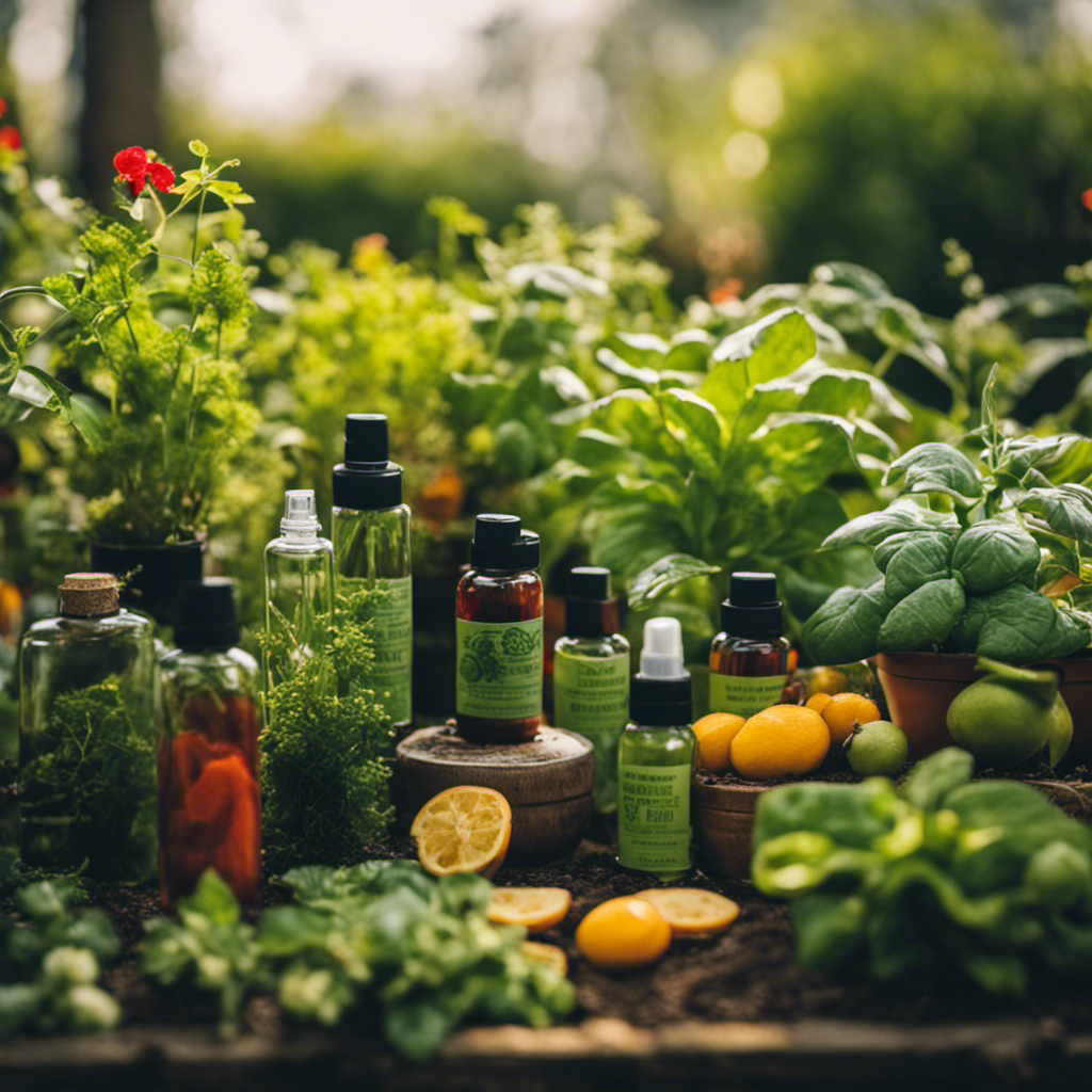 An image showcasing a lush edible garden with vibrant, healthy plants surrounded by homemade pest repellent sprays