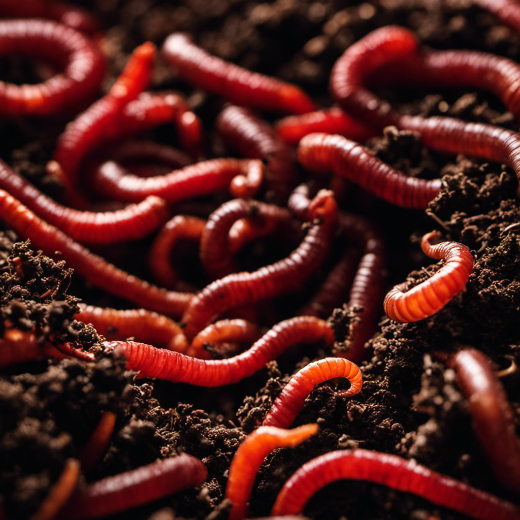 An image that captures the essence of vermiculture, with vibrant red wriggler worms diligently breaking down organic matter, surrounded by nutrient-rich dark soil, showcasing the dynamic process of vermicomposting in organic farming