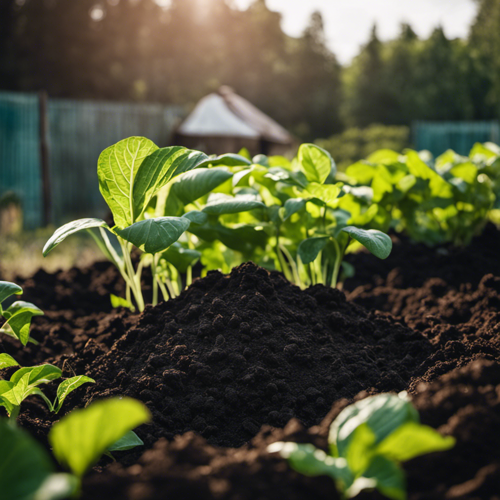 E an image showcasing a lush organic farm, with a compost pile filled with a mix of carbon-rich biochar, plant waste, and manure