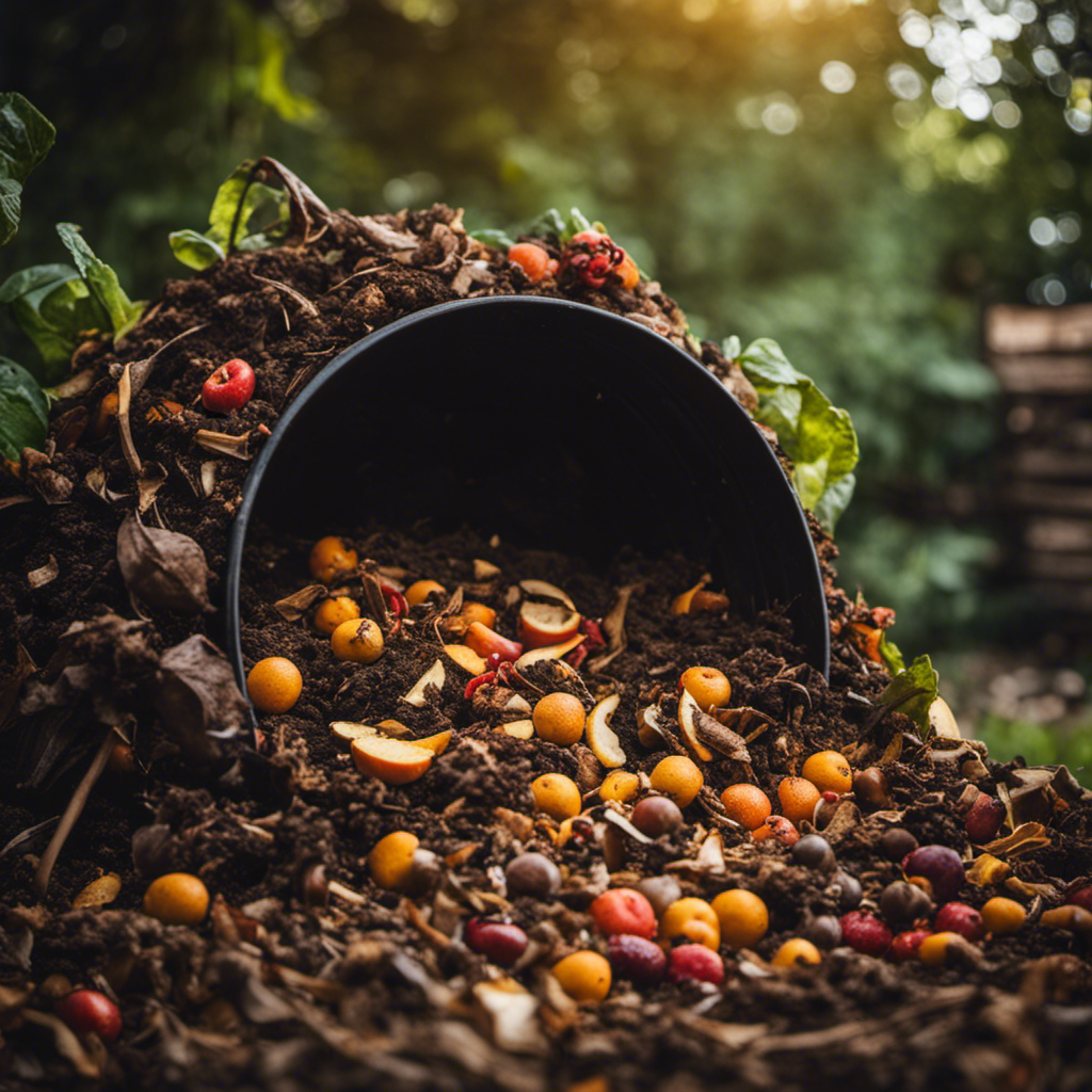 An image showcasing a large, steaming compost pile surrounded by various organic materials like fruit peels, leaves, and straw