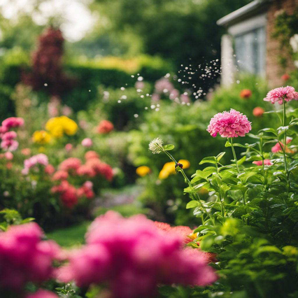 An image showcasing a lush green garden with vibrant flowers, where a gardener confidently sprays a homemade pesticide made from essential oils