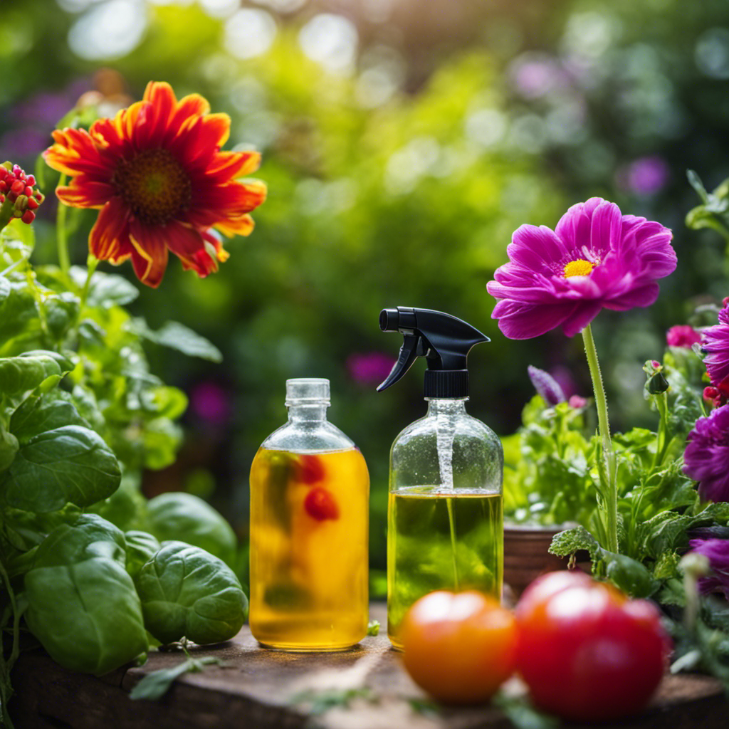 An image that shows a lush, thriving garden with vibrant flowers and vegetables, while a spray bottle filled with vinegar sits nearby