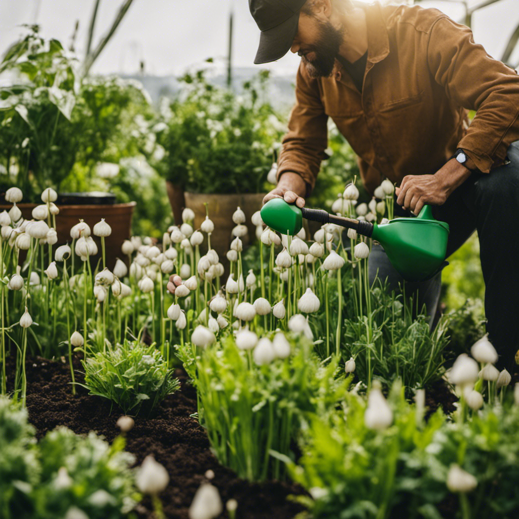 An image showcasing a gardener confidently spraying a homemade garlic pesticide on lush, thriving plants, surrounded by a diverse array of repelled pests in various stages of retreat, highlighting the effectiveness of DIY garlic spray