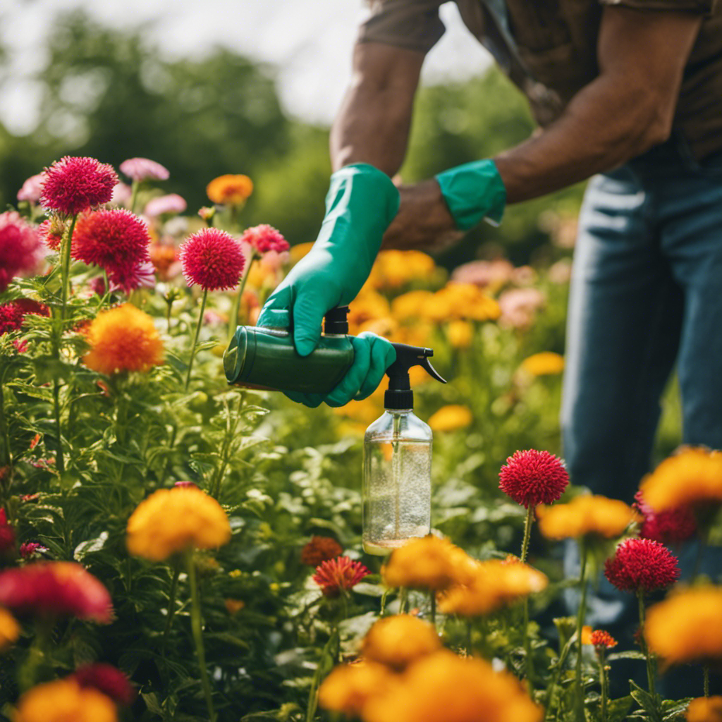 An image showcasing a gardener gently spraying a homemade insecticidal soap onto a vibrant bed of flowers, dispelling the myth that DIY pesticides harm plants