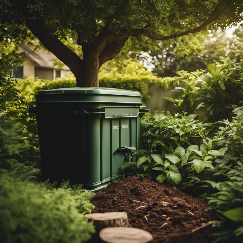 An image depicting a serene backyard scene with a strategically placed compost bin nestled under the shade of a sprawling tree, surrounded by lush greenery, showcasing the ideal location for efficient home composting