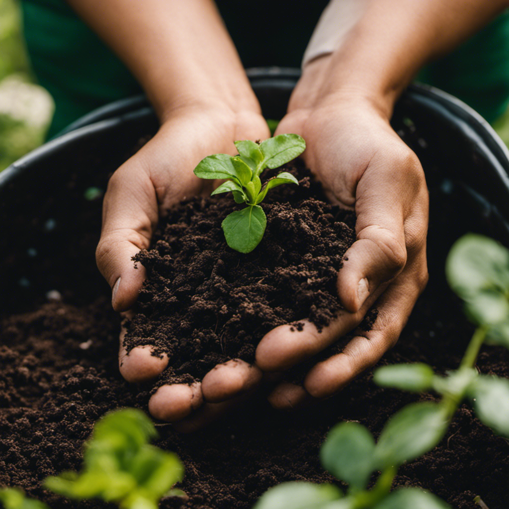 An image showcasing a gardener's hands, covered in rich, dark compost, gently sifting through it with a content smile