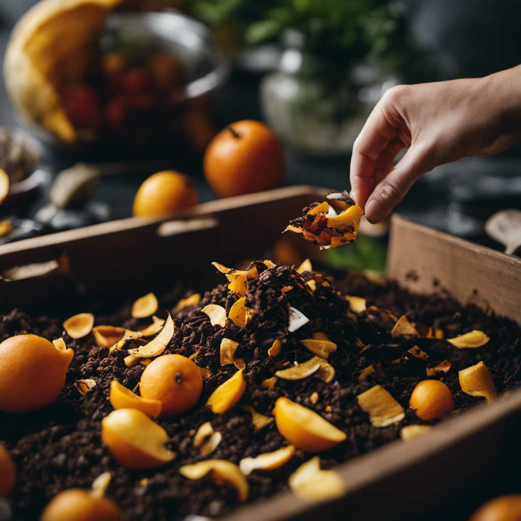 An image showcasing a person collecting a variety of compostable materials like fruit peels, coffee grounds, and shredded newspaper