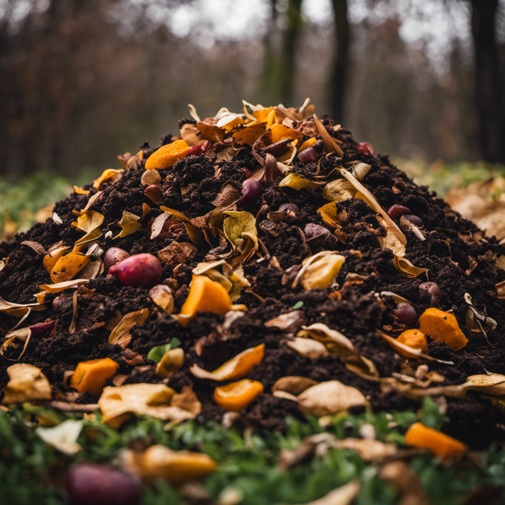 An image showcasing a compost pile with a variety of organic materials, such as fruit peels, grass clippings, and fallen leaves, meticulously layered to illustrate the importance of maintaining the ideal balance for a thriving compost ecosystem