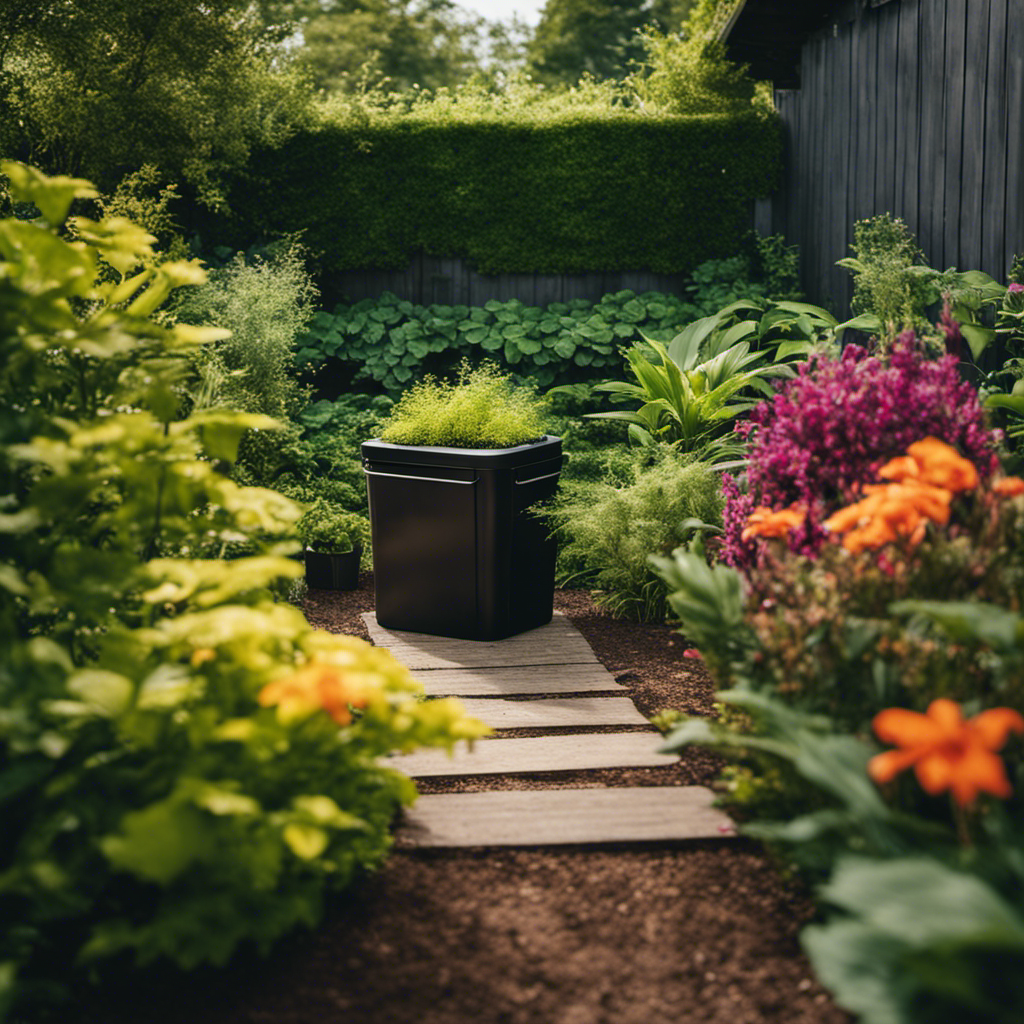 An image depicting a lush garden with vibrant plants thriving alongside a compost bin, illustrating troubleshooting methods for common composting issues