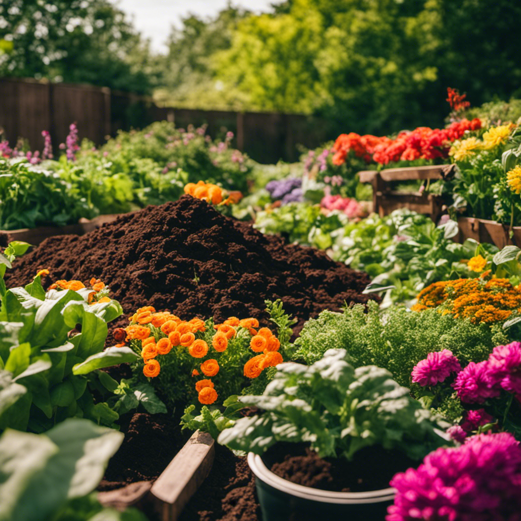 An image of a lush, thriving compost pile surrounded by vibrant flowers and vegetables, showcasing the perfect balance of brown and green materials